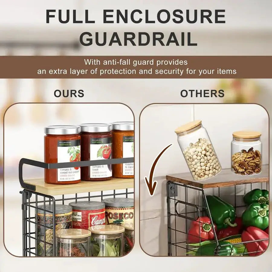 3Tier Stackable Snack Organizer with Pine Wood TopTrapezoid Metal Wire Basket, Countertop amp Wall Mounted Snack Holder for Kitc from PriceLows™