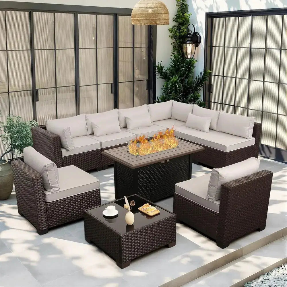 10-Piece Outdoor Wicker Sectional Patio Furniture Set with Cushions and Fire Pit Table, Beige from PriceLows™