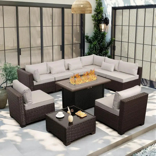 10-Piece Outdoor Wicker Sectional Patio Furniture Set with Cushions and Fire Pit Table, Beige from PriceLows™