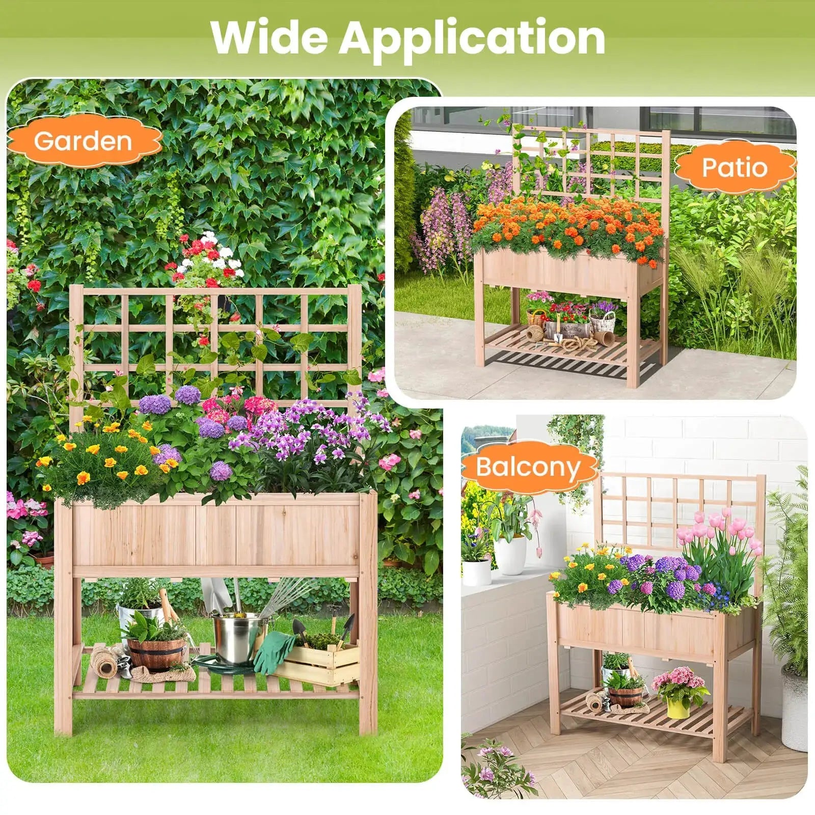 Raised Garden Bed Elevated Wooden Planter Box w/ Trellis & Open Storage Shelf from PriceLows™