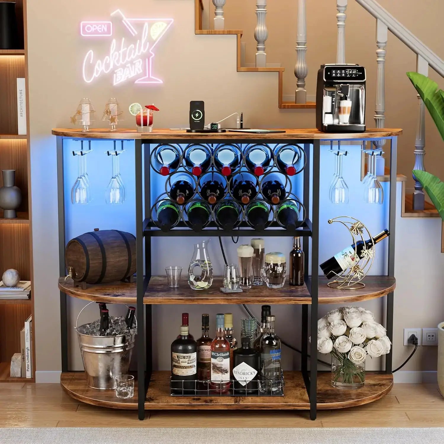 Wine Bar Cabinet with LED Lights and Power Outlets, Freestanding Liquor Cabinet Table with Glass Holder Wine Rack for Home Kitchen Dining Room from PriceLows™