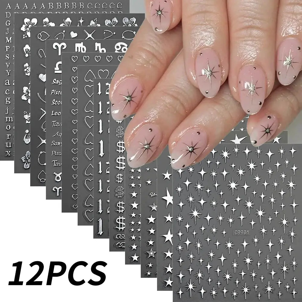 12Pcs 3D Gold Sliver Stars Nail Stickers Bronzing Starlight Nail Art Decals Self Adhesive Slider Decals DIY Nail Tips Decoration from PriceLows™