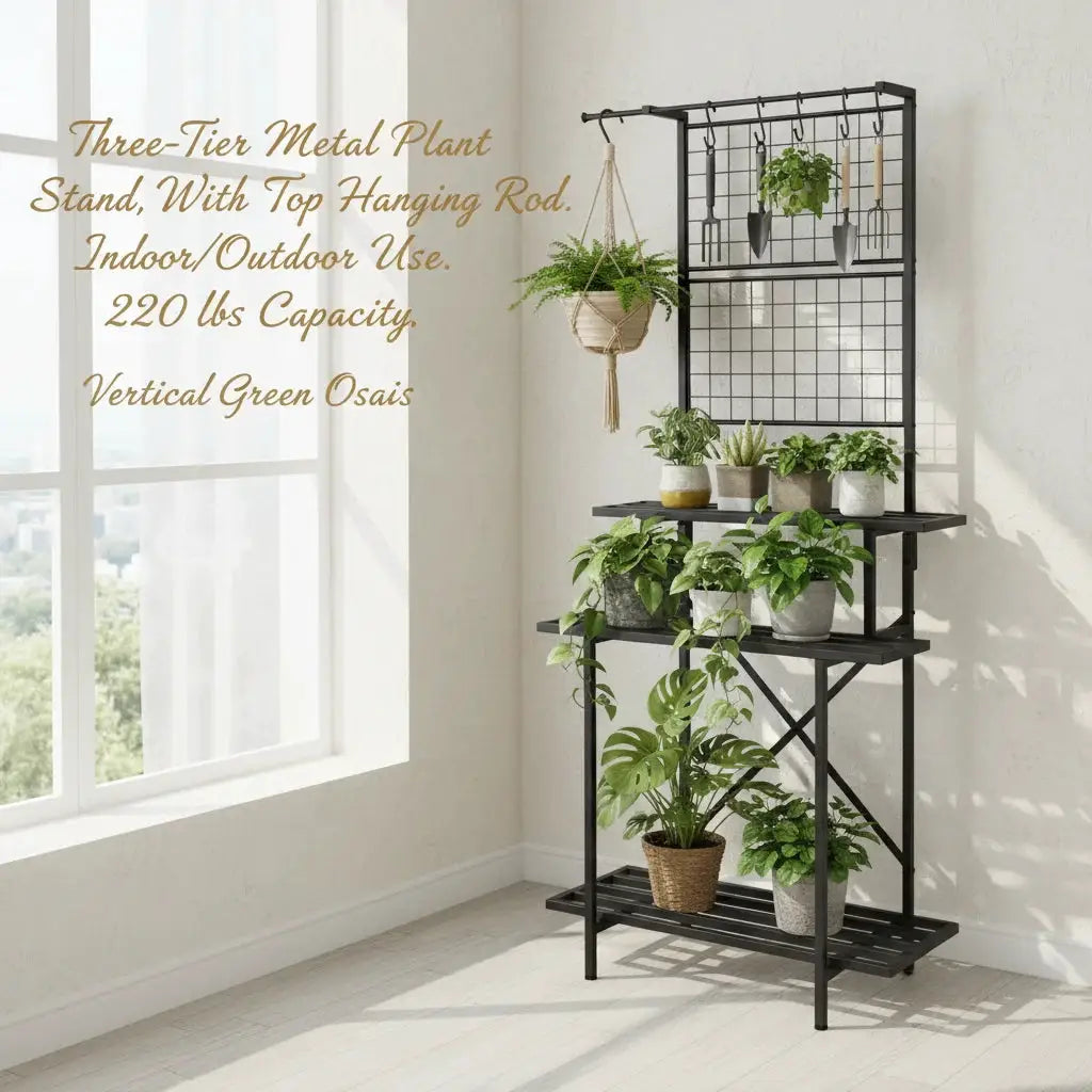 3-Tier Black Metal Plant Stand 90x46x200cm, Heavy Duty Tall Flower Shelf with Hanging Rod & Hooks for Indoor Outdoor Garden Balcony, 220 lbs Capacity from PriceLows™