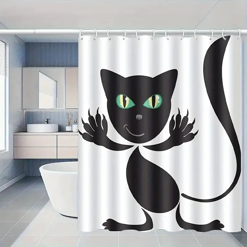 Funny Black Cat Shower Curtain, Cartoon Animal Bathroom Decor, Playful Kitten Waterproof Polyester Fabric Bath Screen from PriceLows™