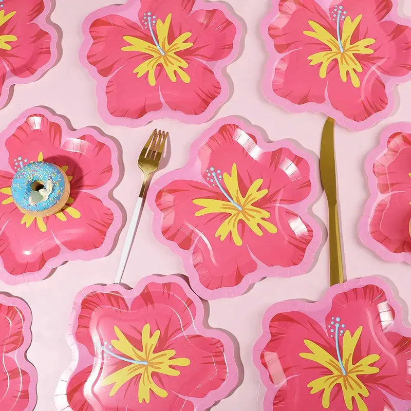 Hibiscus Flower Paper Plates | Tropical Hawaiian Design | Disposable Dessert Serveware