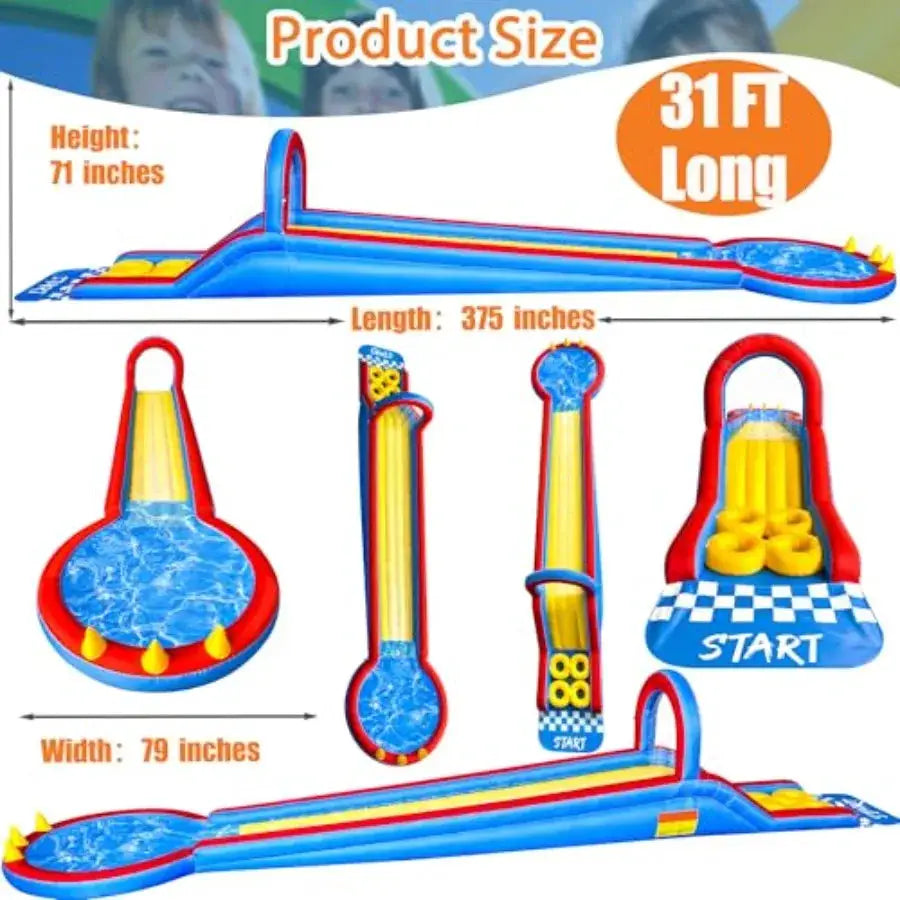 Outdoor backyard water bounce house: 31FT inflatable water slide park with obstacle courses climbing ramp splash pool overhead from PriceLows™