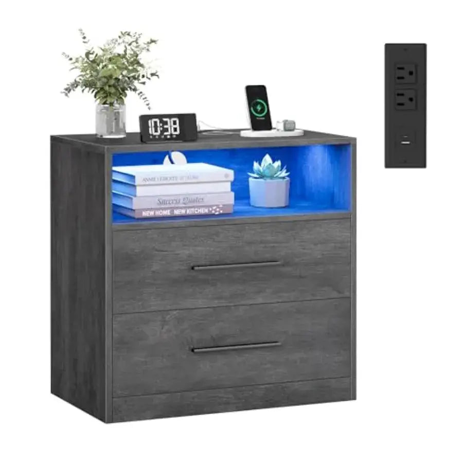 Custos Collection - 23.6 Inch Wide Nightstand with Charging Station, LED Lights, Night Stand, Side End Table with Drawers, Open from PriceLows™