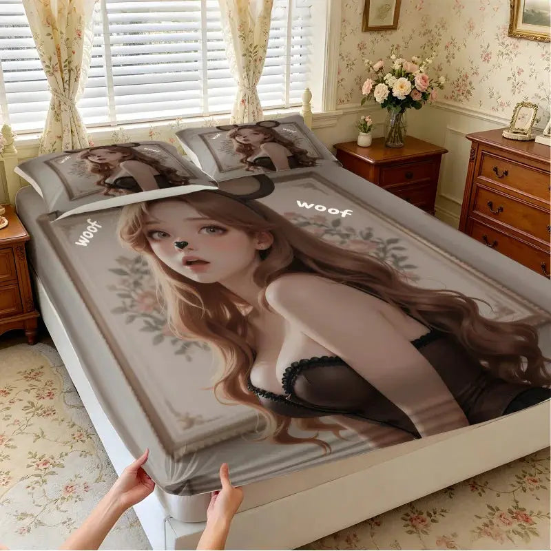 Anime Woof Woof Girl Fitted Sheet, Soft Microfiber Bed Sheet with Pillowcases, Mouse Ear Cosplay Style Mattress Cover for Teens from PriceLows™