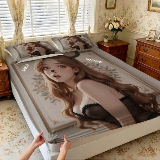 Anime Woof Woof Girl Fitted Sheet, Soft Microfiber Bed Sheet with Pillowcases, Mouse Ear Cosplay Style Mattress Cover for Teens from PriceLows™