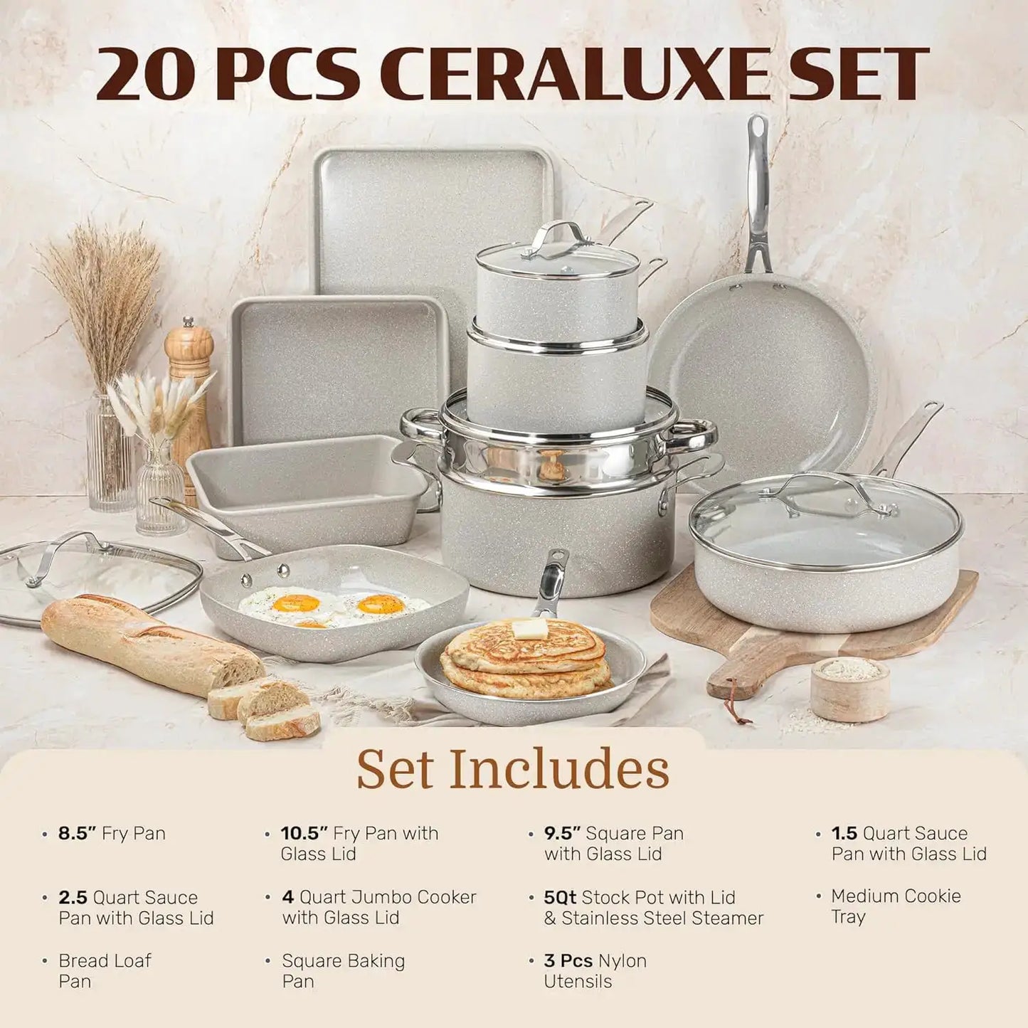 20 Pc Ceramic Nonstick Cookware Set, Complete Pots and Pans with Bakeware, Utensils & Steamer, Oven & Dishwasher Safe, PFOA PFOS Free from PriceLows™