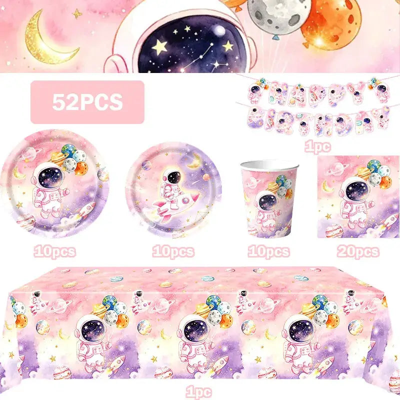 Astronaut Birthday Party Decoration Set | Pink Space | Banner Plate Cups | 61 Pcs
