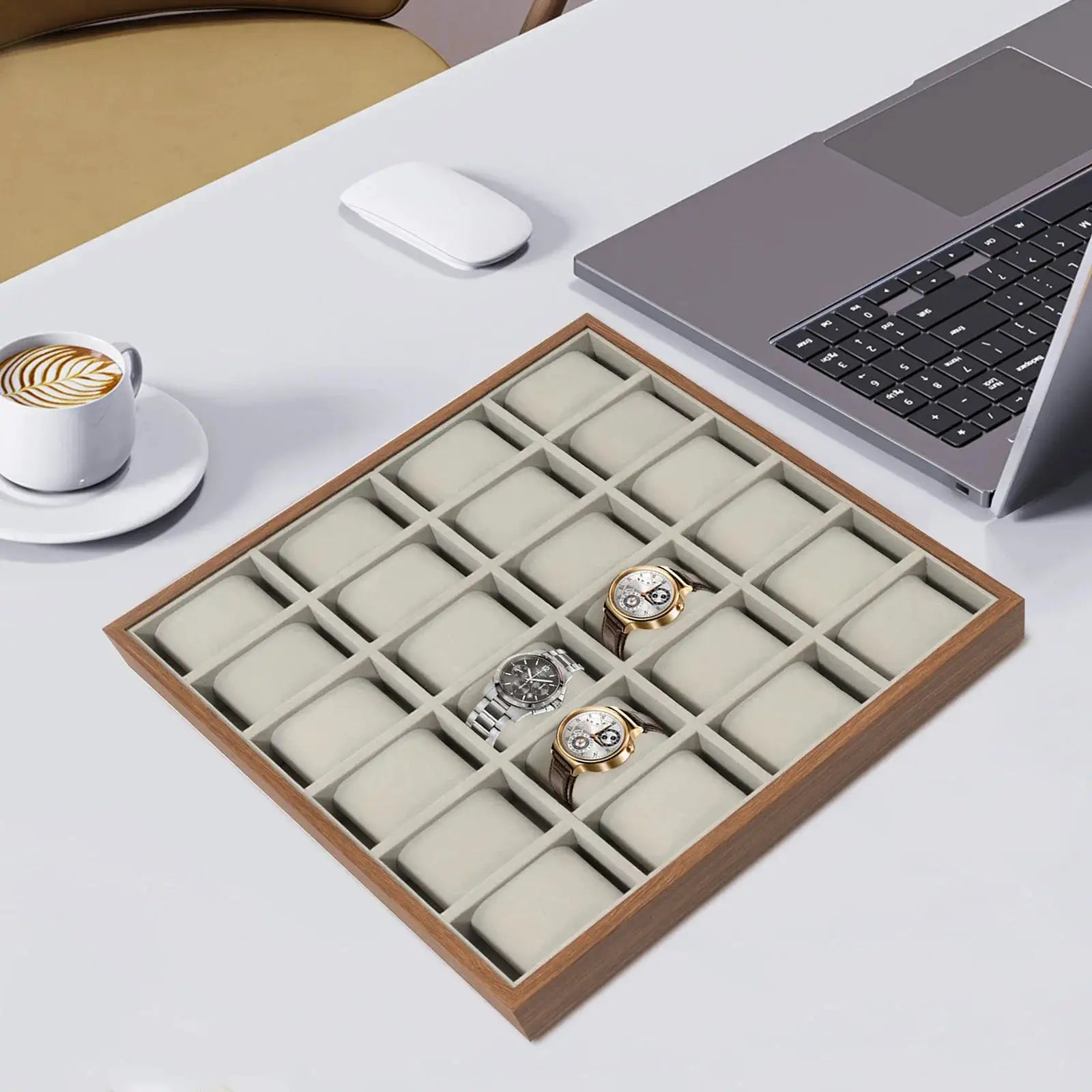 Elegant 24 Slot Watch Box with Removable Pillows, Wood Veneer Jewelry Organizer Display Case for Bracelets, Earrings, Necklaces from PriceLows™
