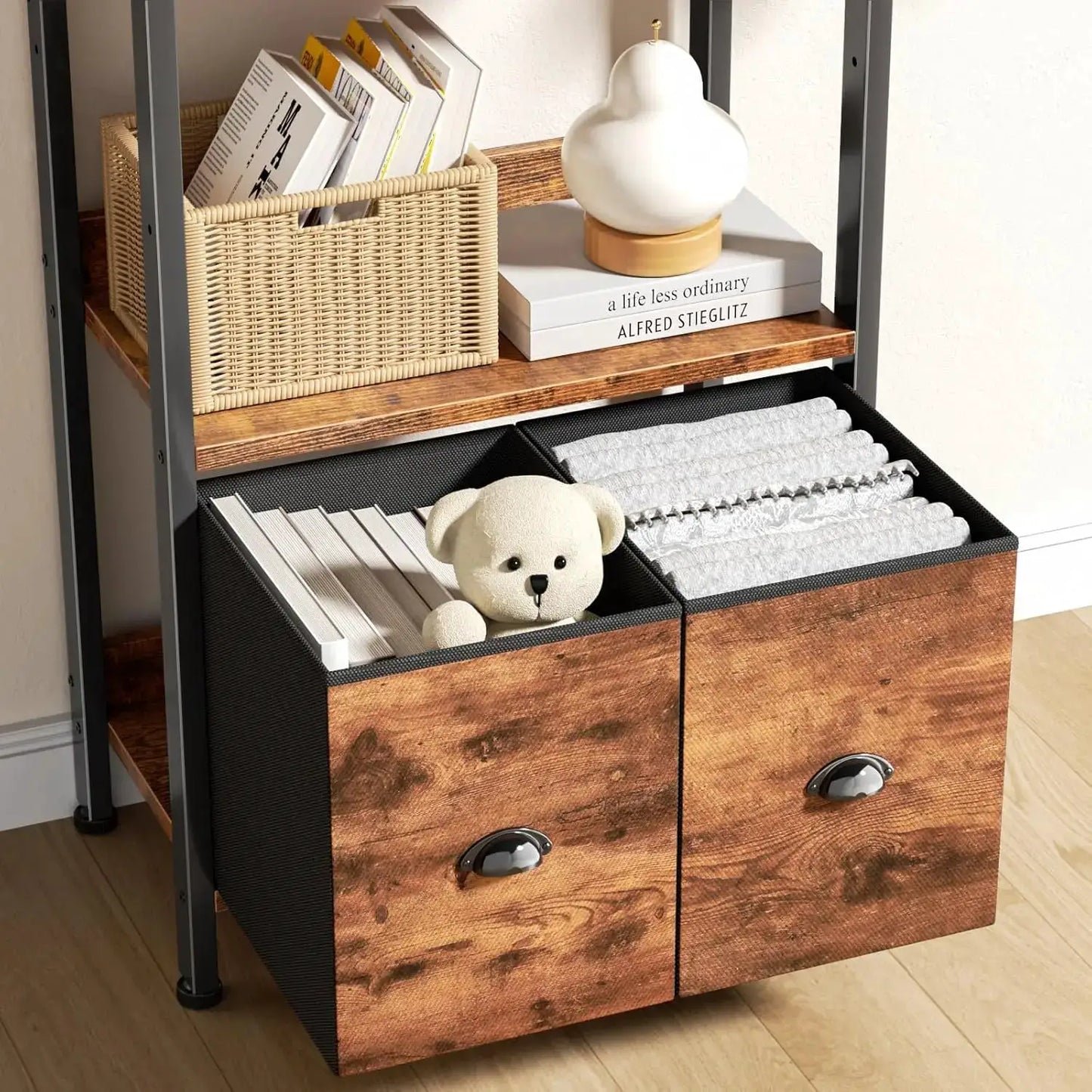 71" Rustic Brown 6-Tier Bookcase with 2 Drawers, Industrial Wood and Metal Storage Shelf for Home Office and Bedroom from PriceLows™