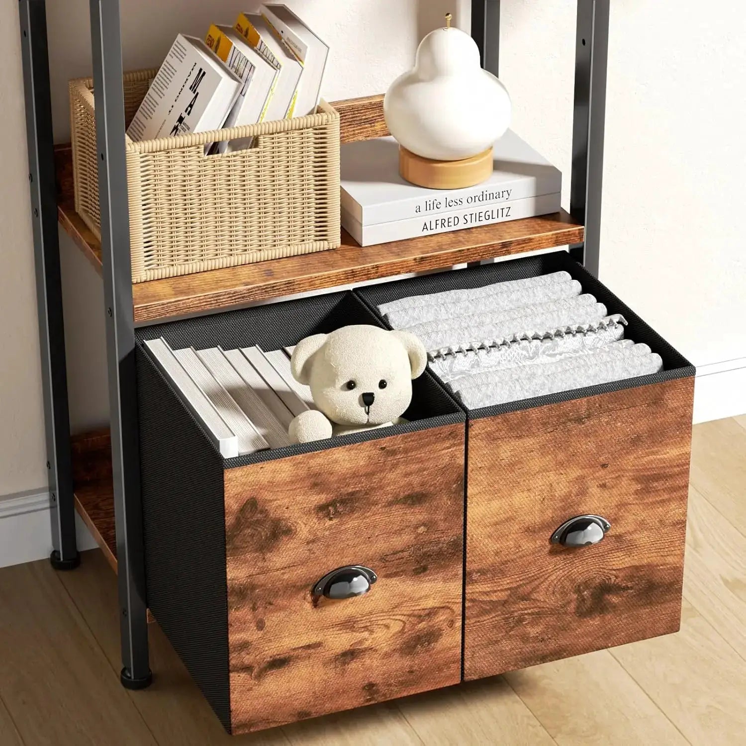 71" Rustic Brown 6-Tier Bookcase with 2 Drawers, Industrial Wood and Metal Storage Shelf for Home Office and Bedroom from PriceLows™
