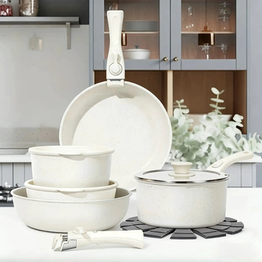 White 15pcs Non-Stick Pot And Pan Set, Kitchen Cookware with Removable Handle, PFAS And PFOA Free, Kitchenware, Mother'S Day Gif from PriceLows™