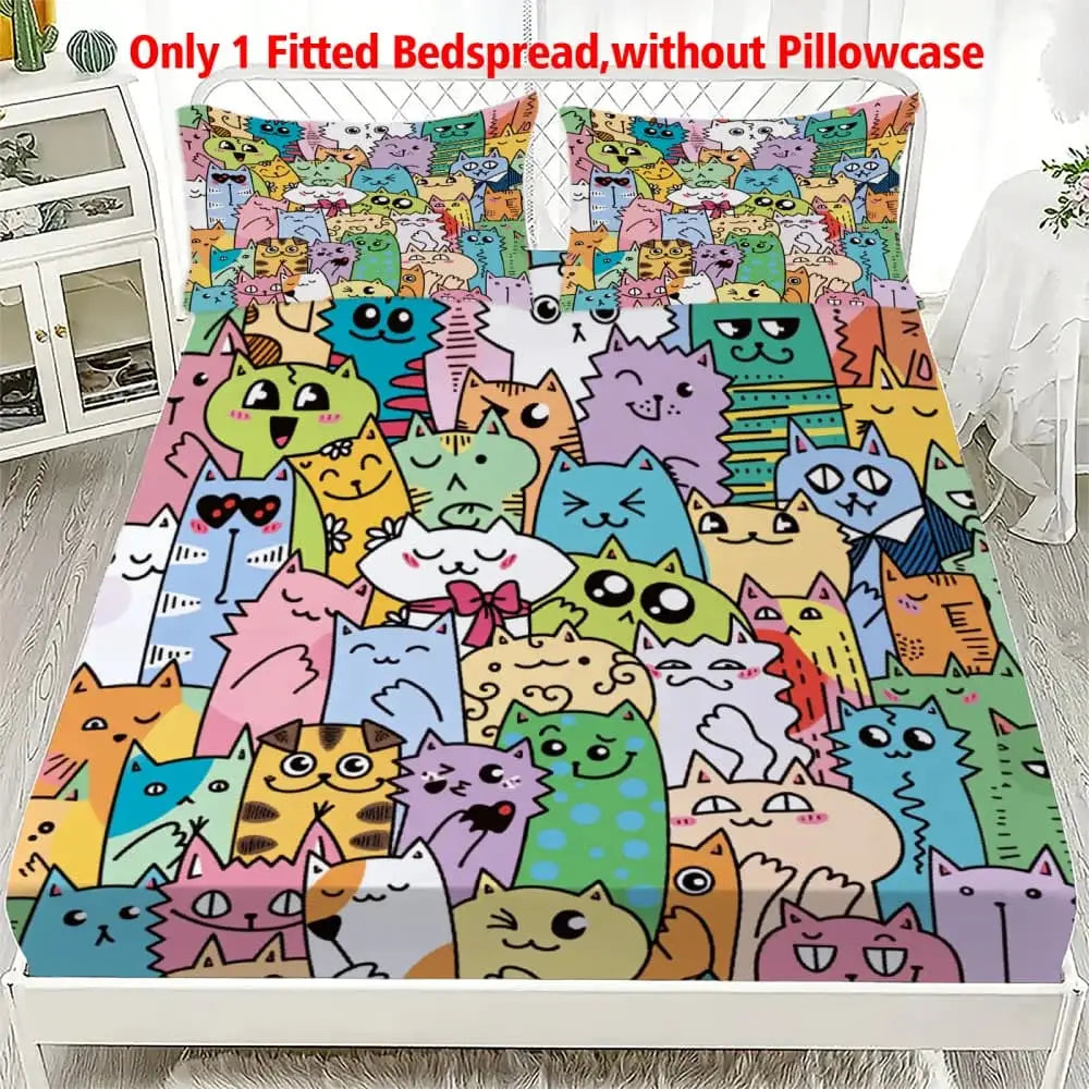 1pc Colorful Cartoon Cat Doodle Print Fitted Sheet Deep Pocket Elastic Mattress Cover Single Double Queen King Bedroom Decor from PriceLows™