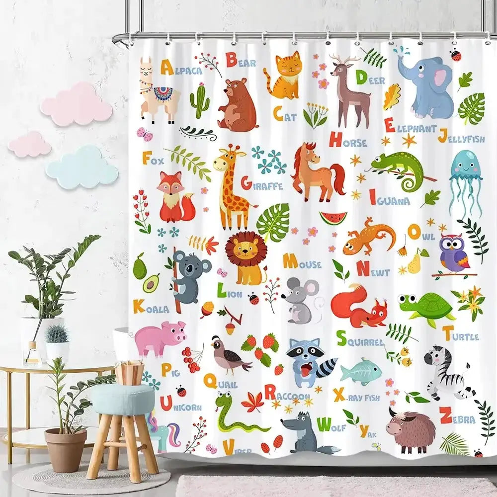 Cartoon Animal Alphabet Shower Curtain Kids ABC Educational Learning Tools Baby Girls Boys Colourful Bath Curtain Bathroom Decor from PriceLows™