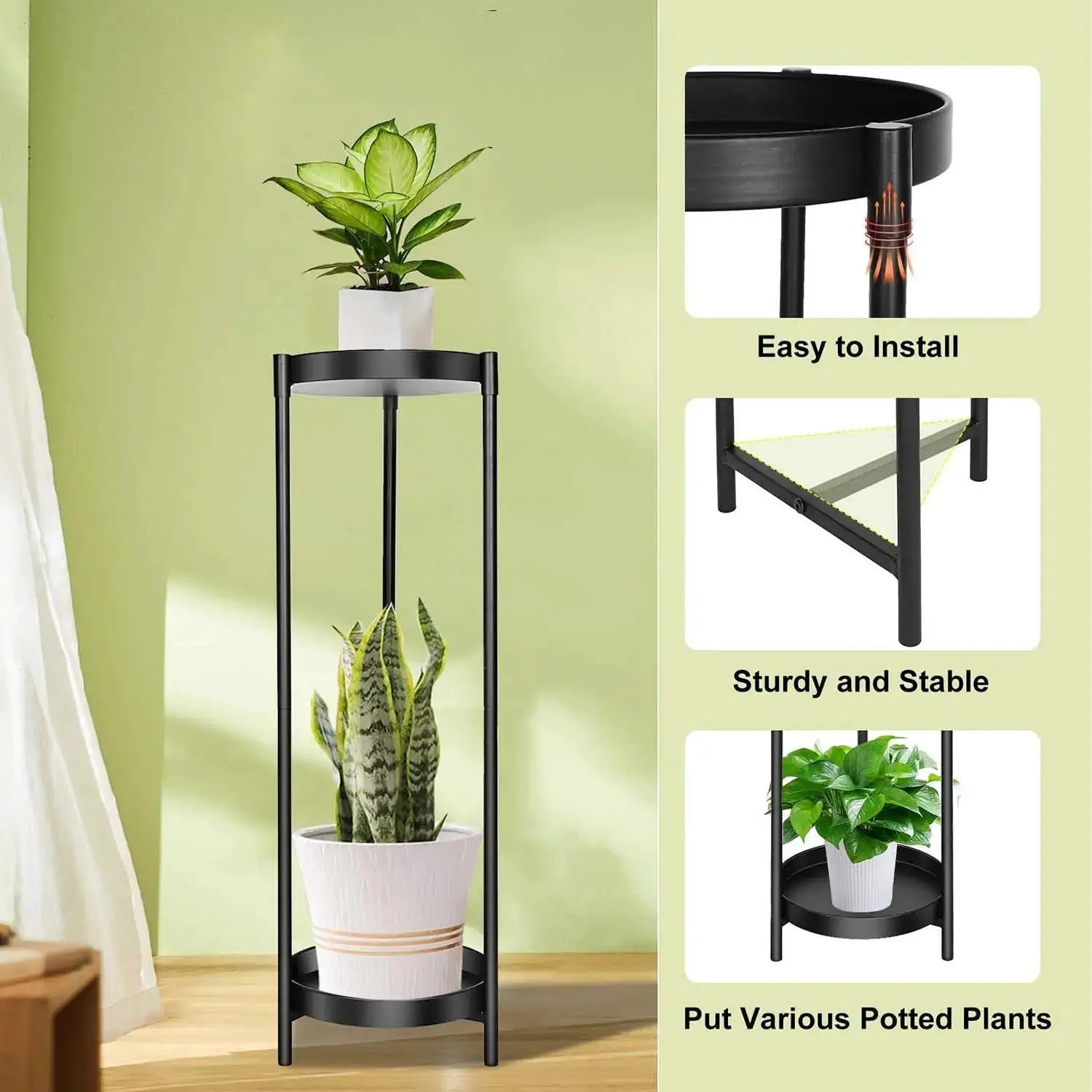 2 Tier 24" Tall Plant Stand Indoor Outdoor, Heavy Duty Metal, Rustproof Iron, Black, for Patio Garden Balcony from PriceLows™