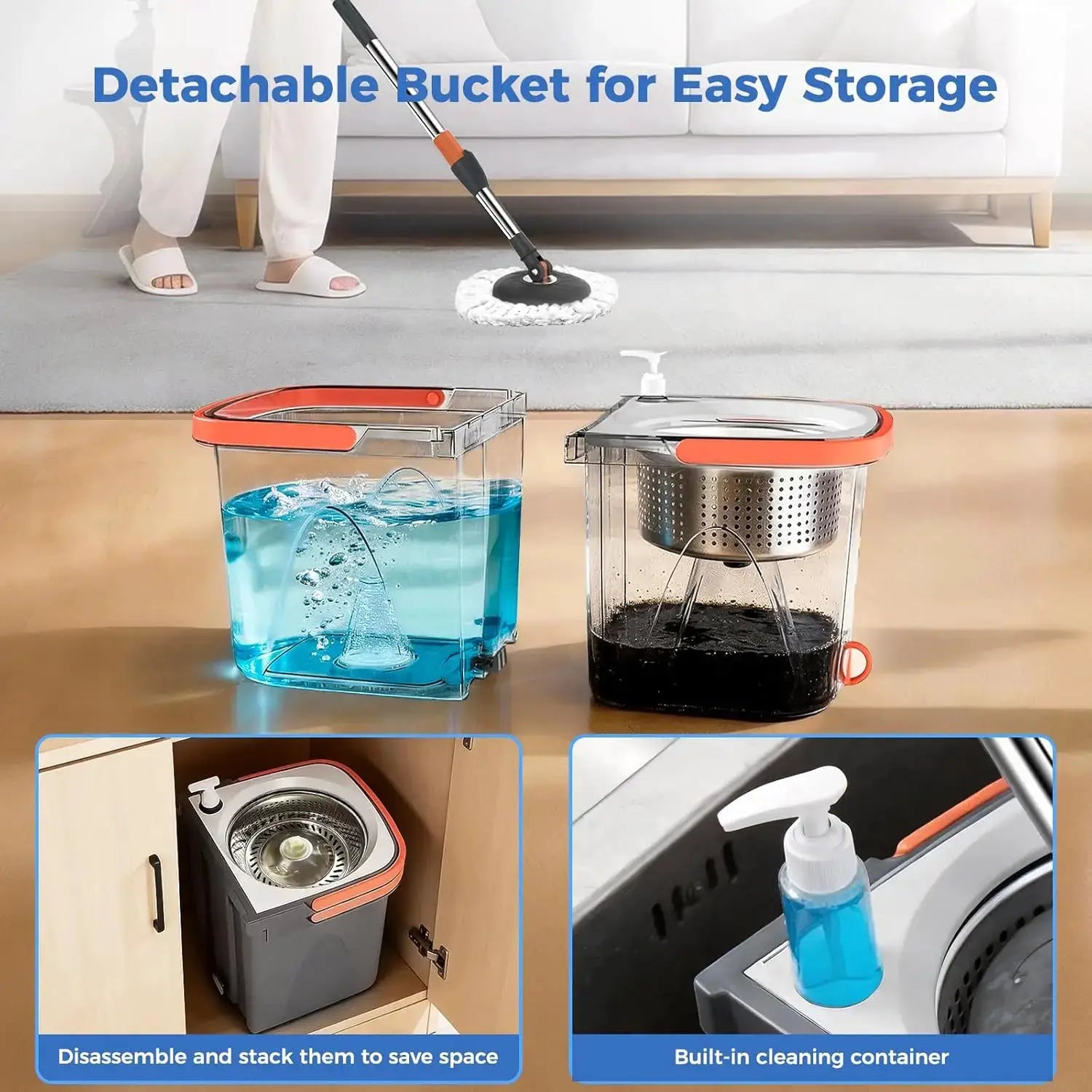 Foldable Spin Mop and Bucket System, Dual-Bucket Cleaning, 2 Reusable Microfiber Mop Heads for Floor Cleaning from PriceLows™