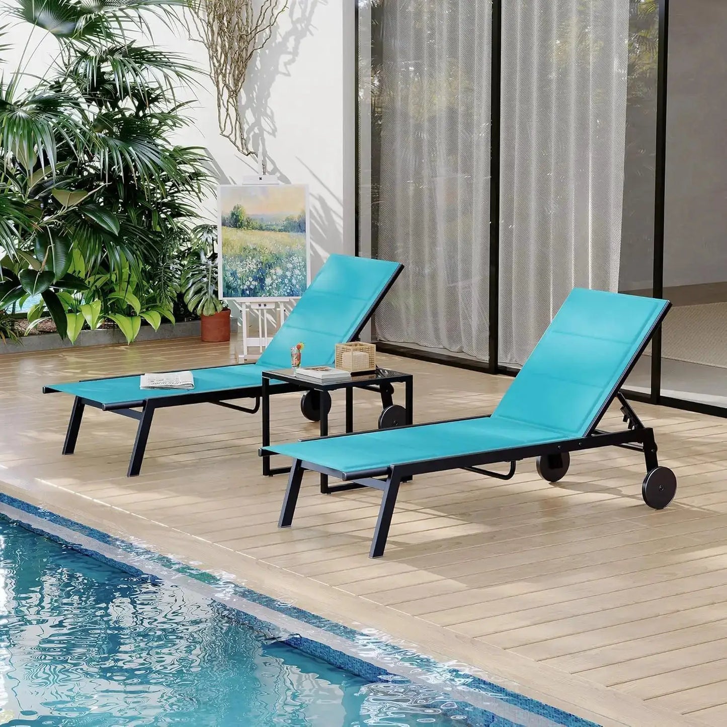 atio Textile Chaise Lounge Chairs with Side Table, Set of 3 Outdoor Chaise Lounge Set with Wheels, 5-Level Backrest Pool Lounger from PriceLows™