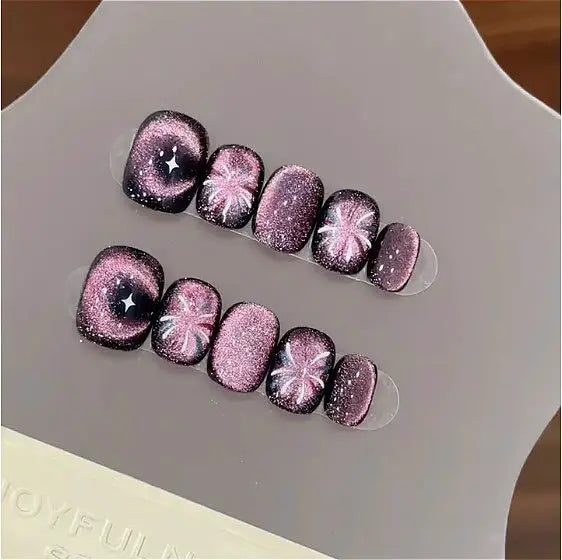Press On False Nails | Short Round Floral Design | Medium Fit | 10 Piece Set
