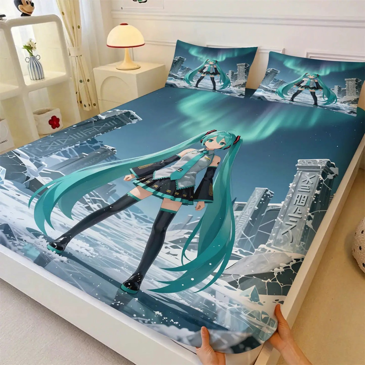 3Pcs Hatsune Miku Fitted Sheet Set with 2 Pillowcases Ink Wash Temple Anime Bedding Set Soft Deep Pocket for Fan Bedroom Decor from PriceLows™