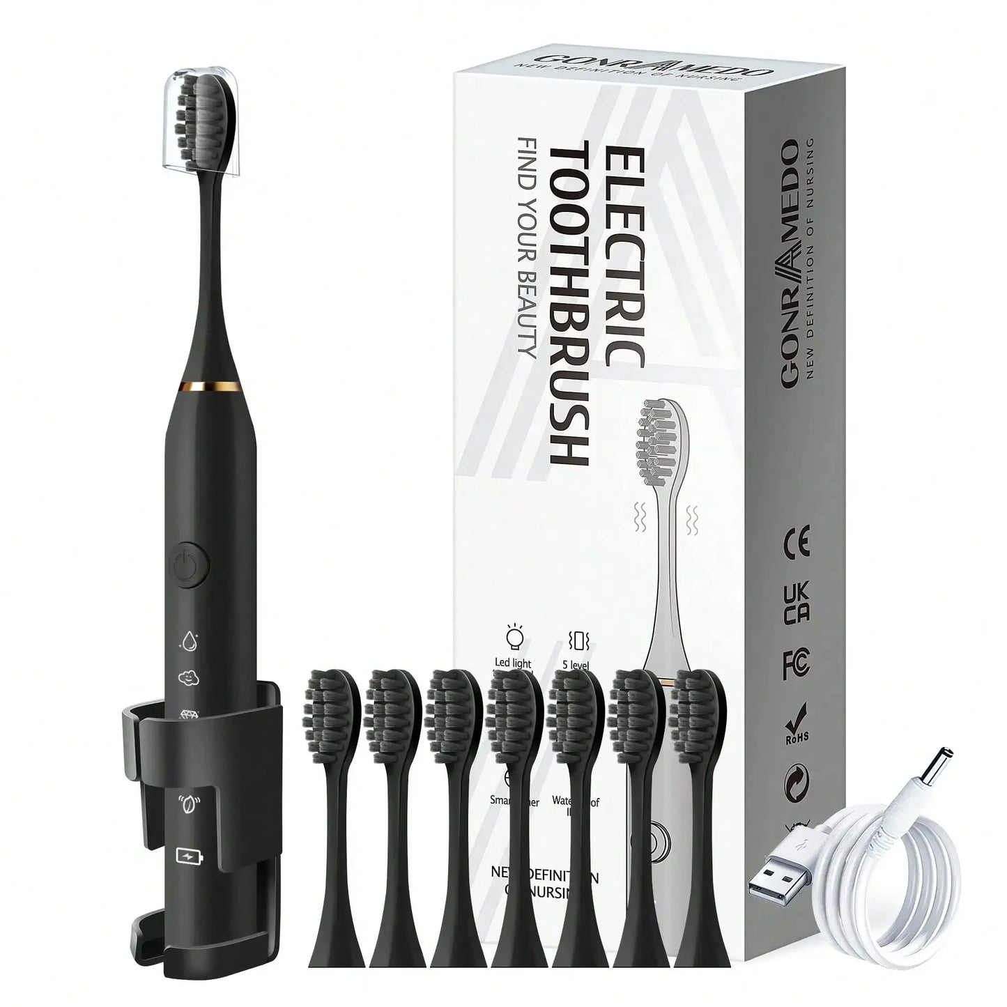 Electric Toothbrush | 8 Replaceable Heads | USB Charging | Pink