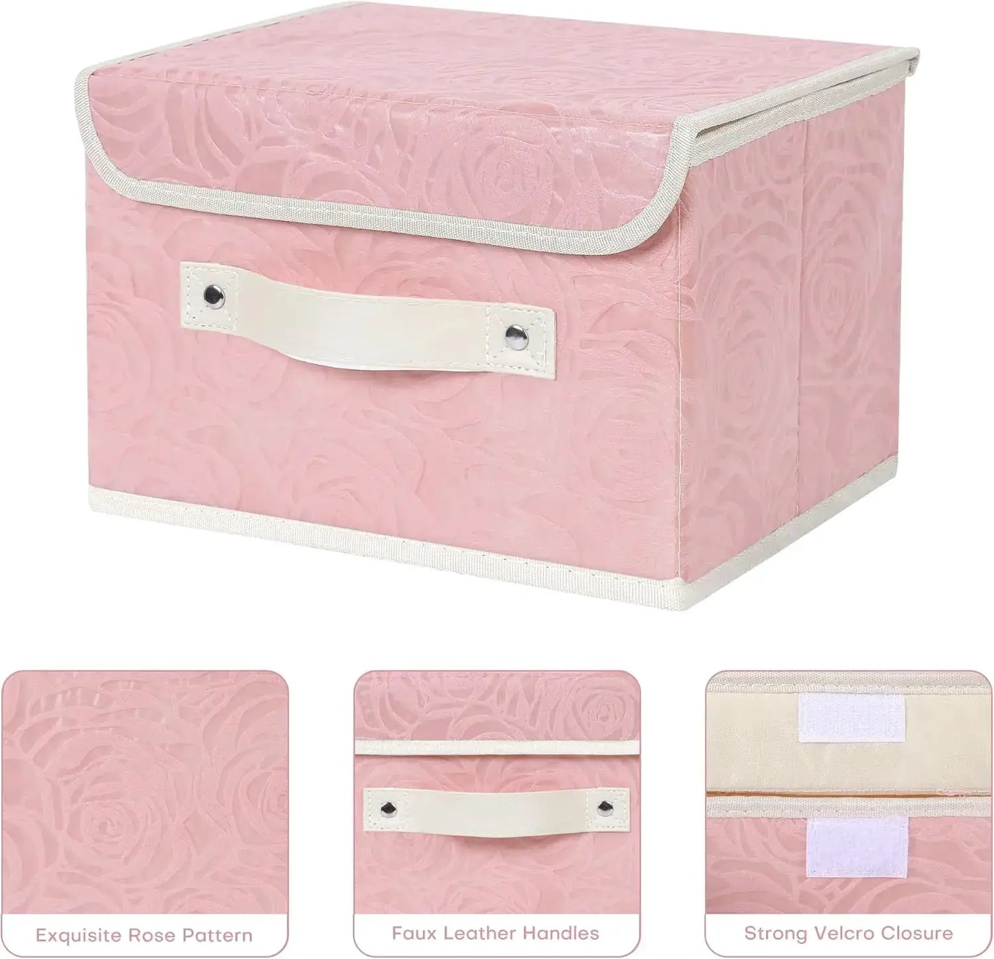 Fabric Storage Bin with Lid Rose Print Storage Box Basket with PU Leather Handles Washable PP Plastic Board Decorative Foldable Lidded Shelf Cubes Closet Organizer Container - Pink, Small Size from PriceLows™