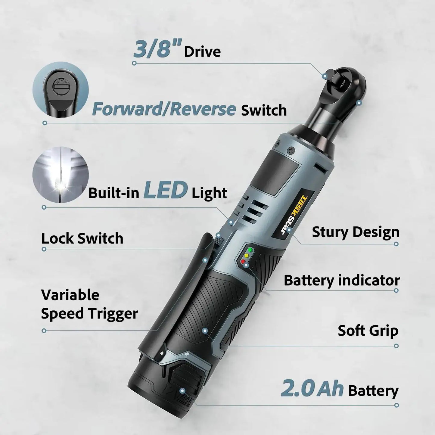 TaskStar Electric Ratchet Wrench 200RPM Variable Speed Trigger 40Nm Cordless Ratchet Wrench Kit 12V 2*2.0 Ah Batteries Powered from PriceLows™