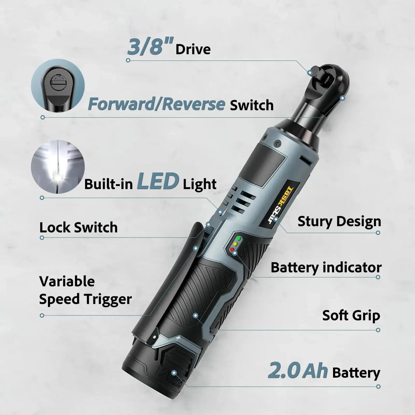 TaskStar Electric Ratchet Wrench 200RPM Variable Speed Trigger 40Nm Cordless Ratchet Wrench Kit 12V 2*2.0 Ah Batteries Powered from PriceLows™