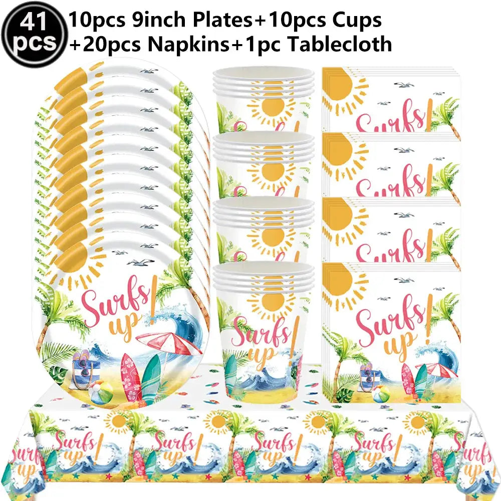 Surf Beach Party Tableware | Paper Plates Napkins Cups | Tattoos And Snack Tray