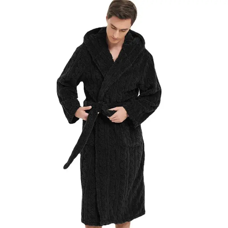 Men's Hooded Robe | Polyester | Thickened | Solid Color