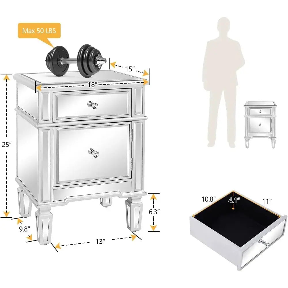 Nightstands Set of 2 Mirrored Side Tables Glass End Table with Drawer for Bedroom, Silver from PriceLows™