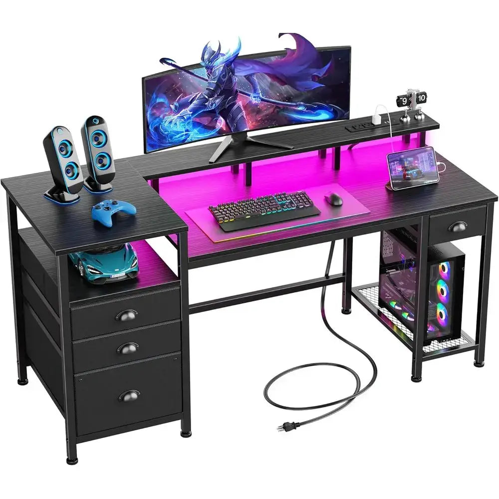 60" Black Computer Desk with 4 Drawers and Printer Space, Gaming Desk with LED Lights and USB Power Outlets, Home Office Desk wi from PriceLows™