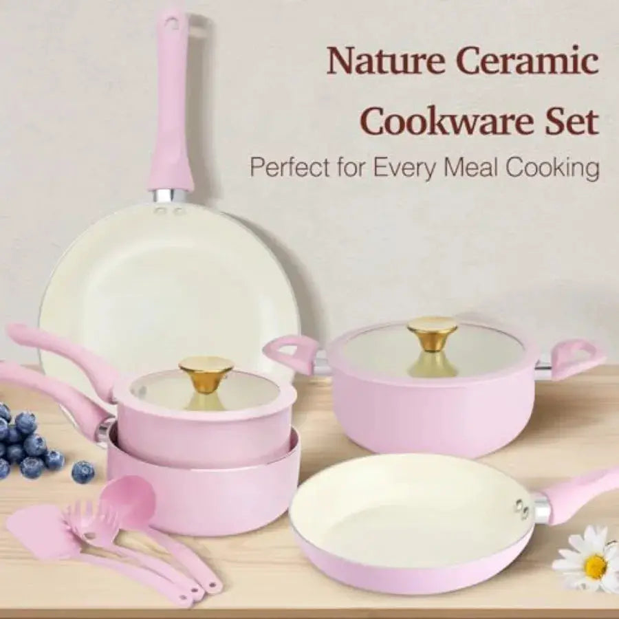 Pots and Pans Set Non Stick Ceramic Cookware Set 11-Piece Induction Cookware Non Toxic Healthy Kitchen Cooking Set Gold Knobs L from PriceLows™