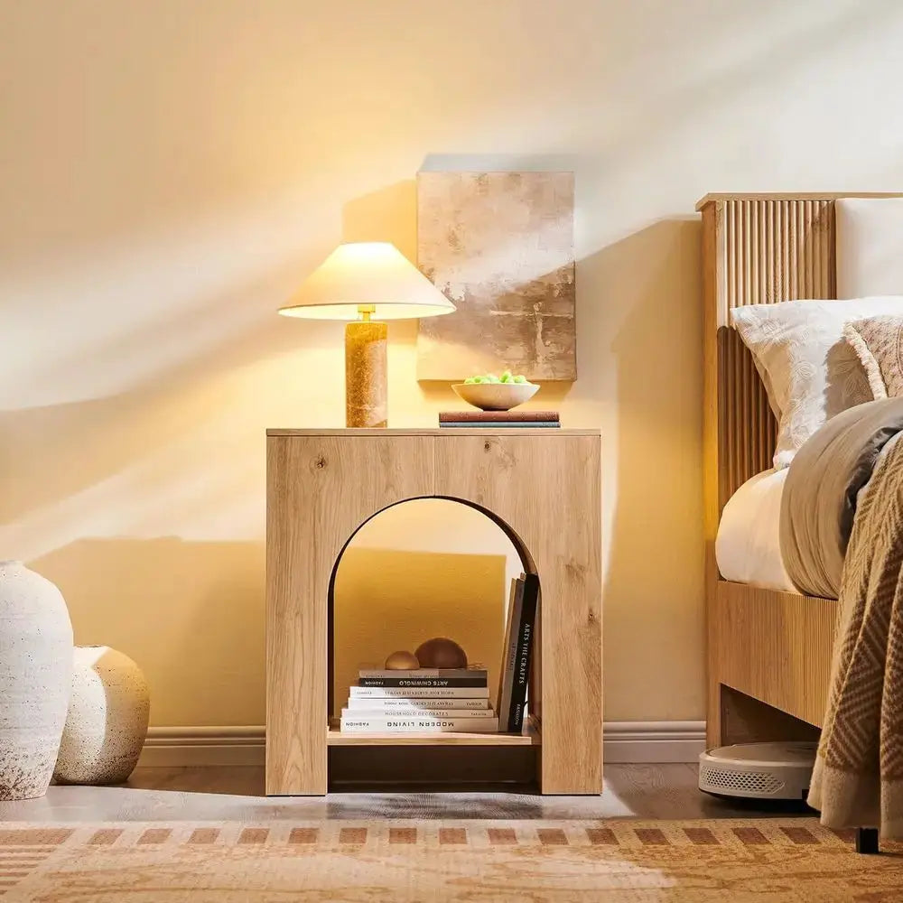 Set of 2 Arched End Tables with 22 Nightstands, Charging Station, USB & Type-C Ports, Natural Finish from PriceLows™