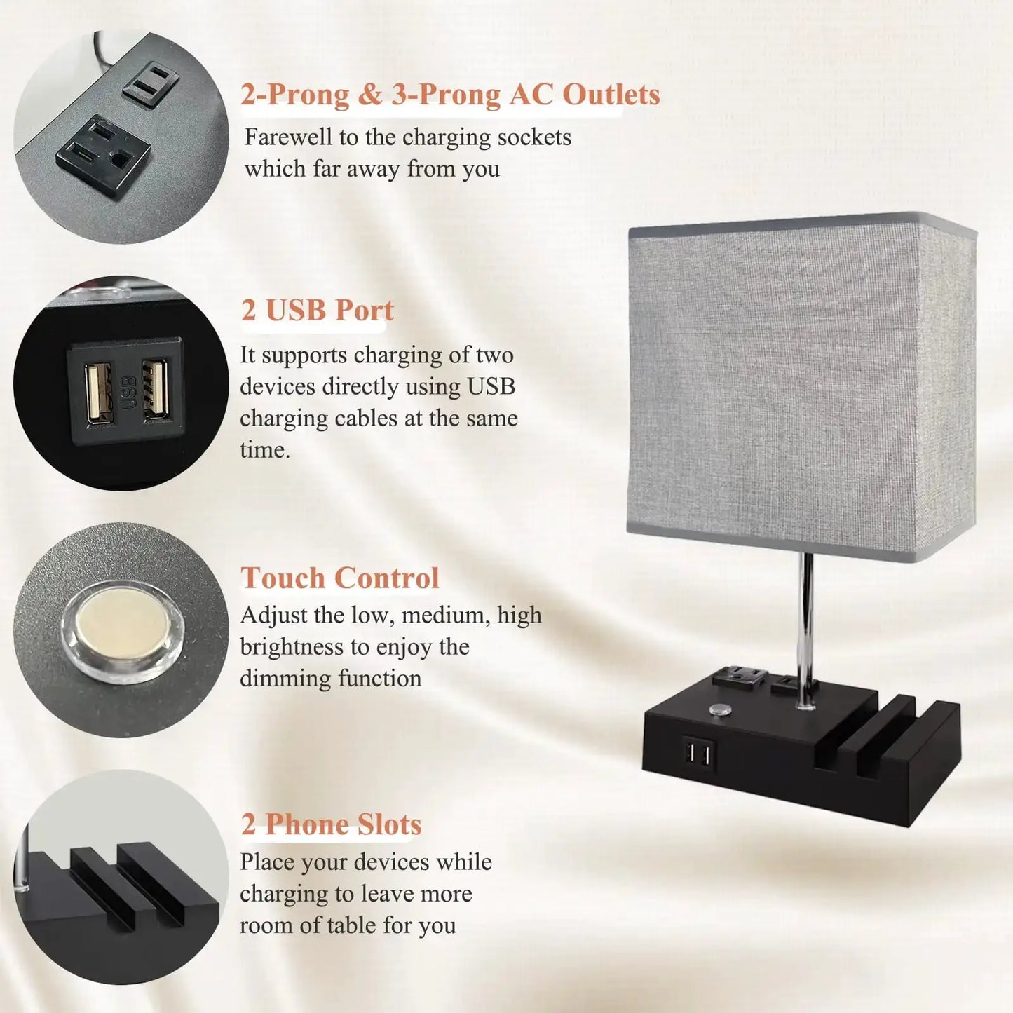SZRSTH 15.7" Bedside Table Lamp for Bedroom, Dual Fast USB Charging Ports, Fully Dimmable Nightstand Lamps from PriceLows™