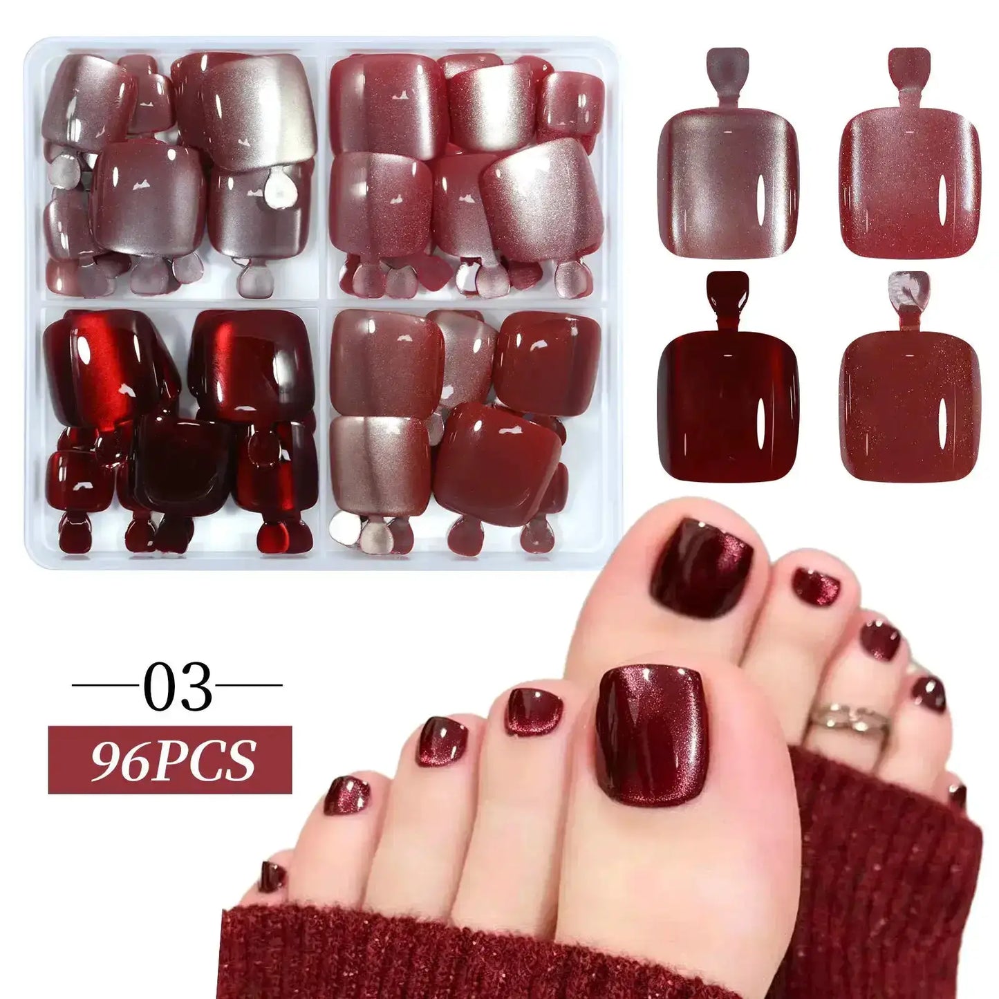 96pcs/Box French/Cat Eye Toe Nail Stickers Y2K Square Nail Tips Toe Press On Nails Pre-Designed Soft Gel Thickened Fake Toenails from PriceLows™