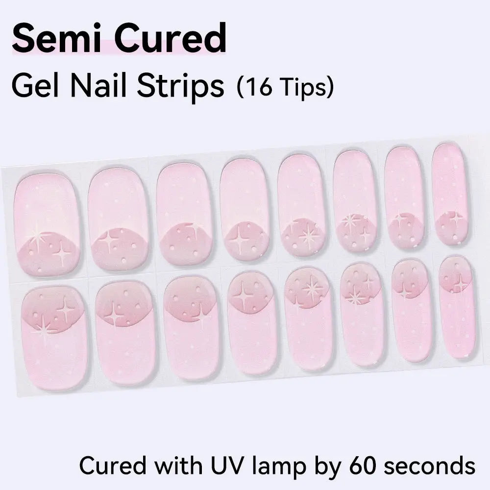 16strips Cartoon UV/LED Semi Cured Gel Nail Strips Pink Glitter Cat Eye Self-Adhesive Gel Nail Wraps Full Cover UV Nail Sticker from PriceLows™