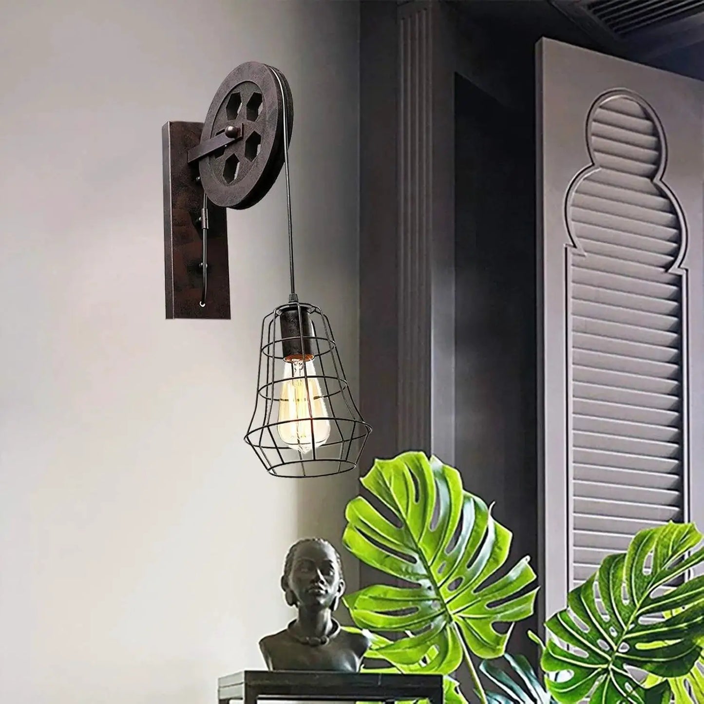 Industrial Wall Sconce Lights Lift Pulley Vintage Farmhouse Mid Century Wall Light with Iron Cage Lampshade for Indoor Lighting from PriceLows™