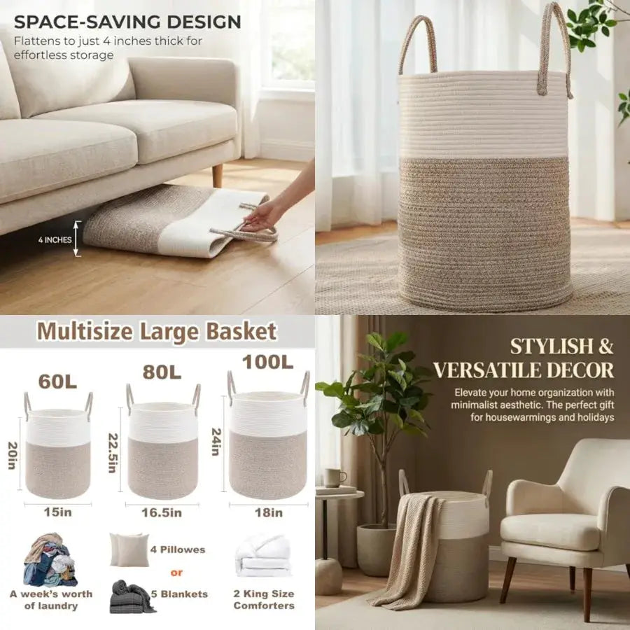 Large Woven Laundry Basket Hamper, Cotton Rope Storage Bin for Blankets, Toys and Clothes, Decorative Tall Nursery Hamper for L from PriceLows™
