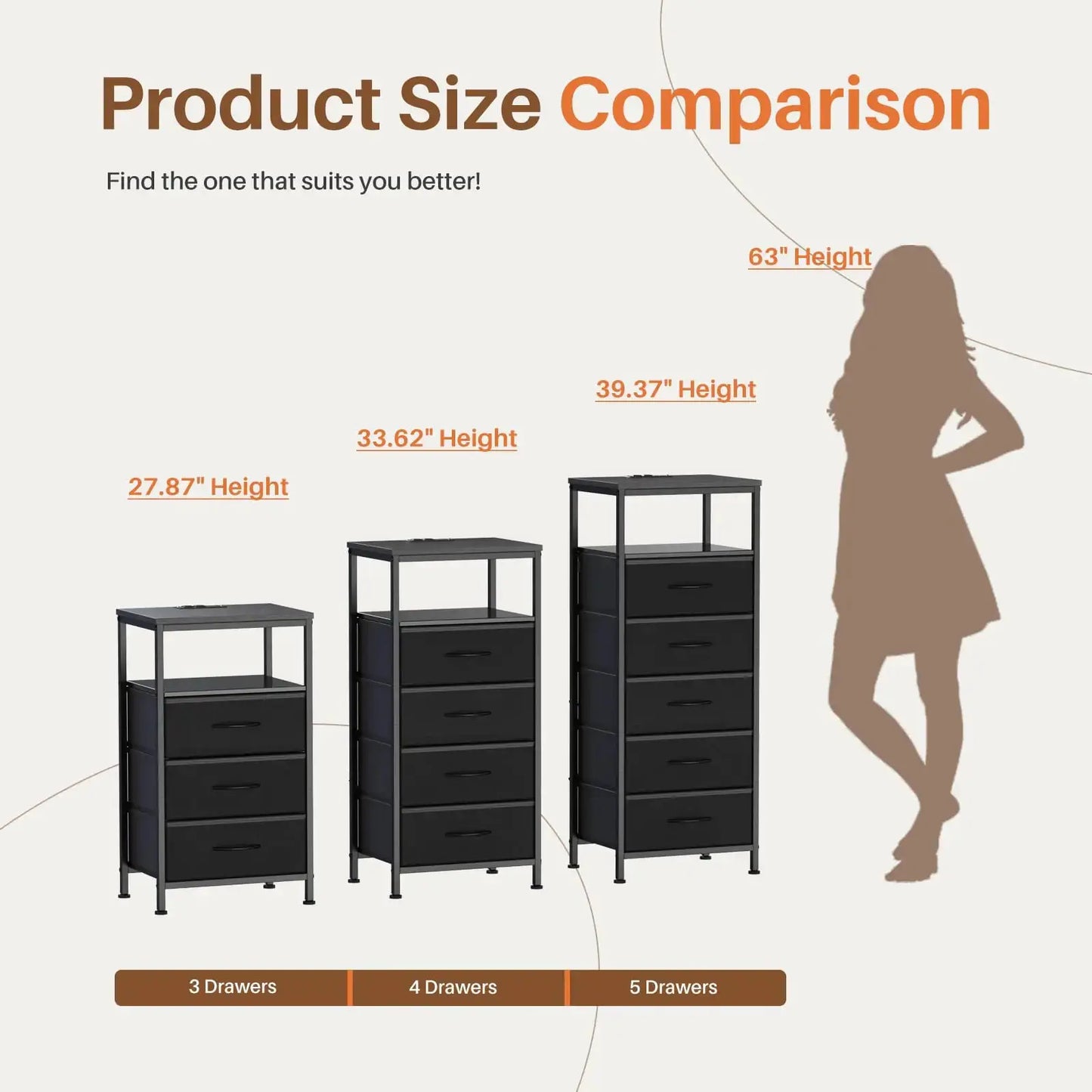 JHK 5 Fabric Drawers Dresser For Bedroom Nightstand with Charging Station and Outlets Adjustable Feet and Variable Light Strip from PriceLows™