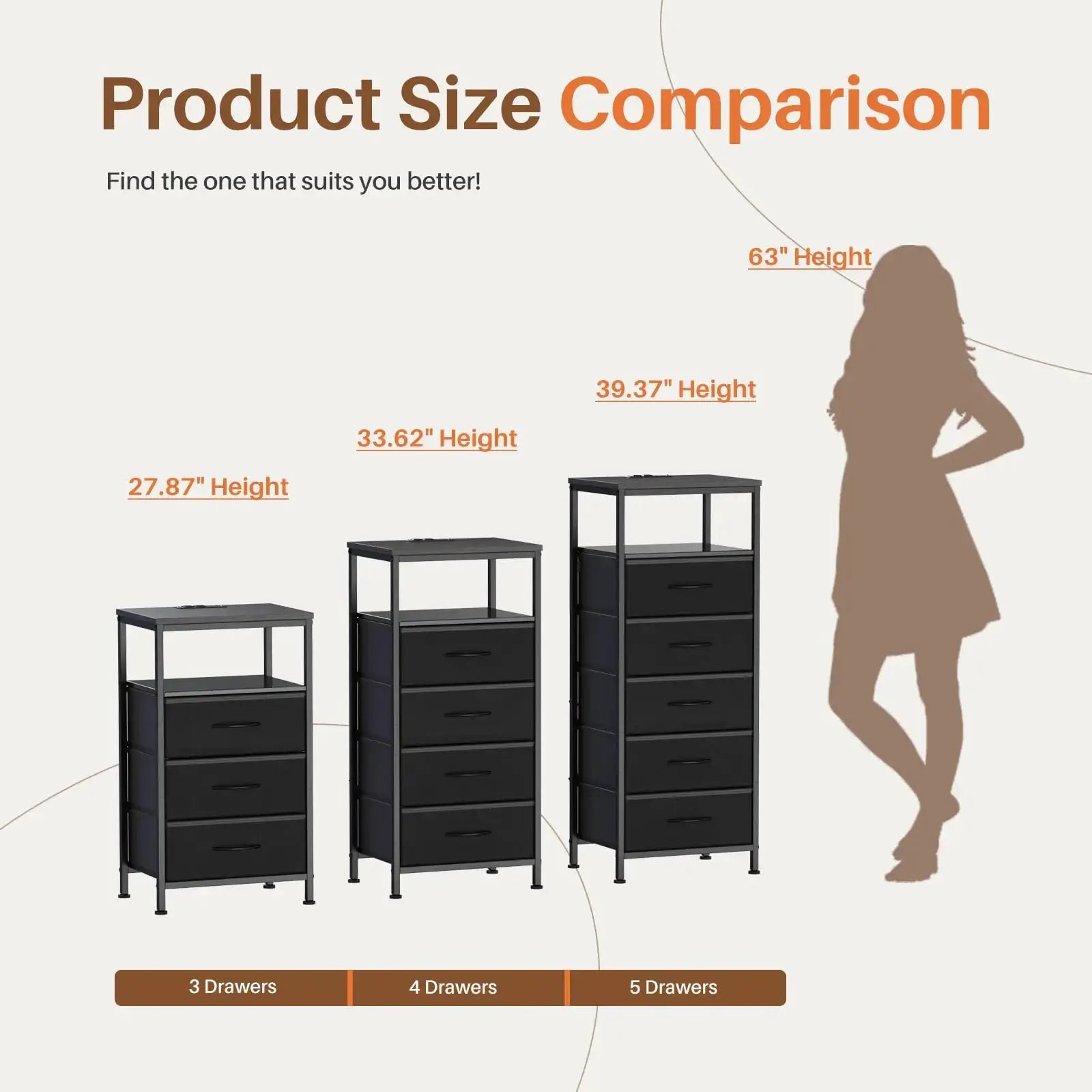 JHK 5 Fabric Drawers Dresser For Bedroom Nightstand with Charging Station and Outlets Adjustable Feet and Variable Light Strip from PriceLows™