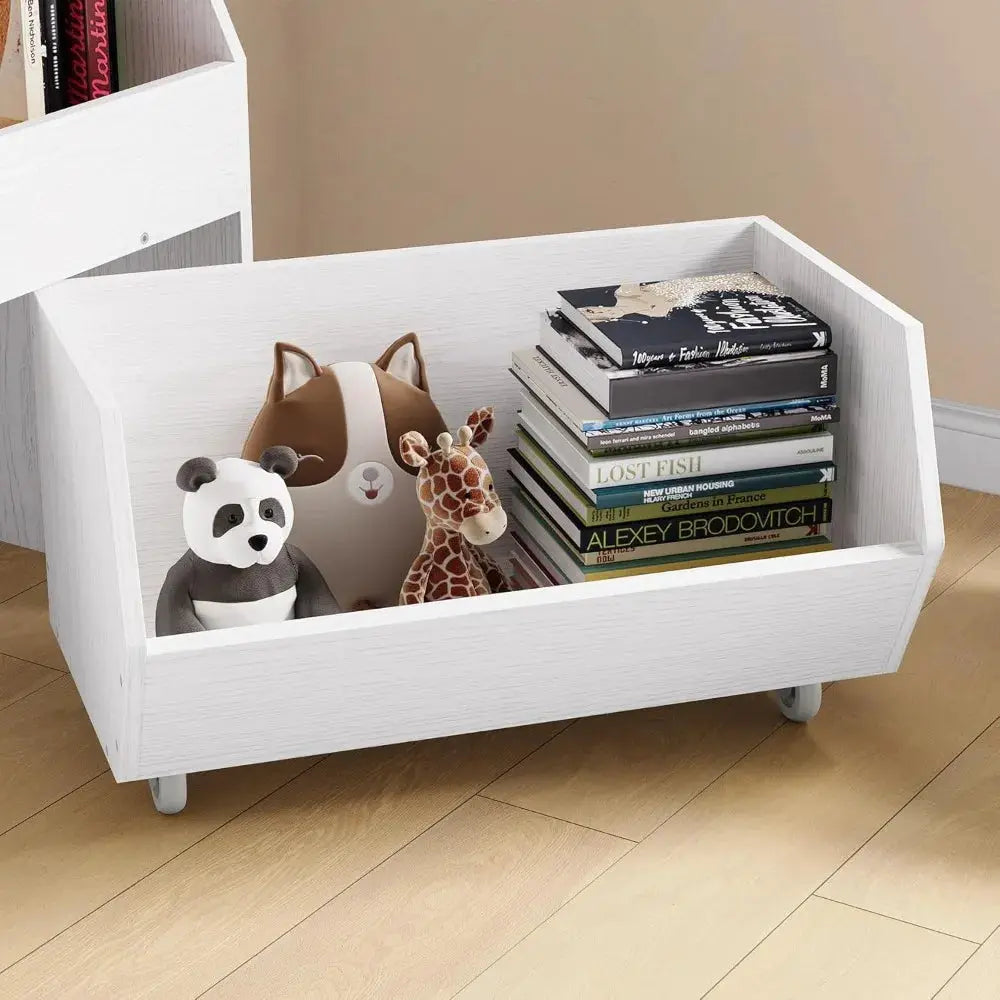 Large Toy Bin Bookcase with Two Drawers, Storage Cabinet on Wheels for Playroom, Bedroom, Nursery (White Oak, Regular) from PriceLows™