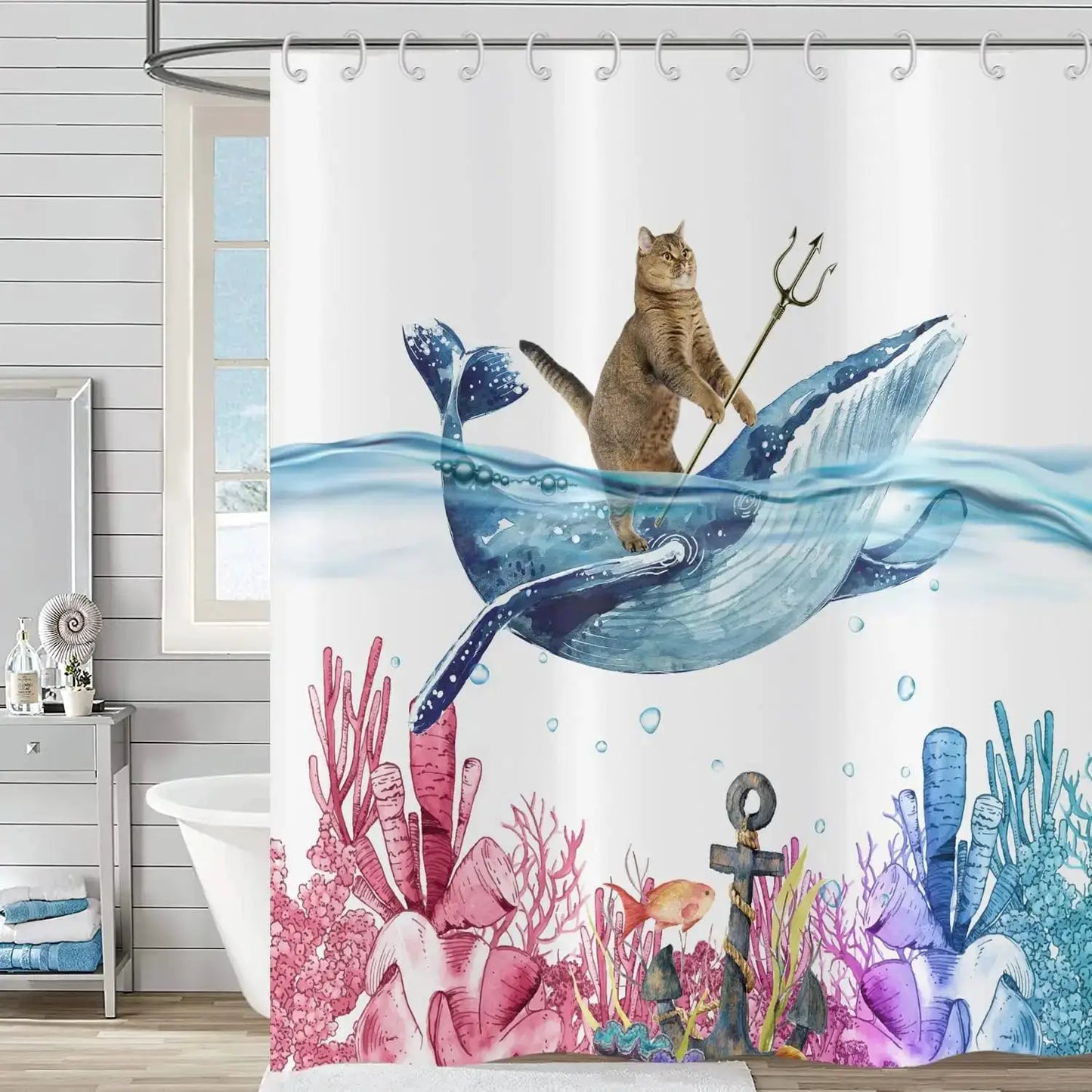Cute Cat Blue Children Shower Curtain Waterproof Washable Polyester Material Bathroom Decorative Curtain with Hook from PriceLows™