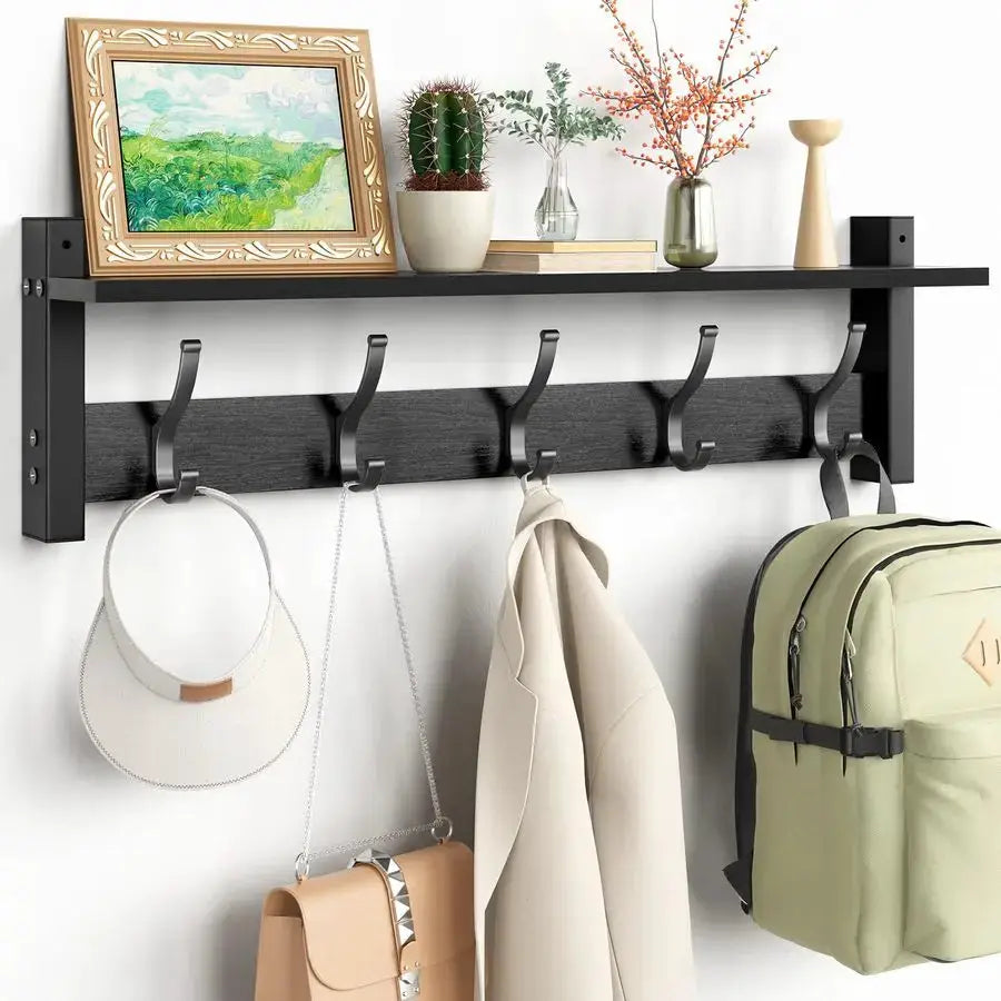 Coat Rack Wall Mount with Shelf, 24 Inch Coat Hanger Walls Mounted, Hat Rack for Walls, Shelf with 5 Coat Hooks, Wall Hanger for from PriceLows™