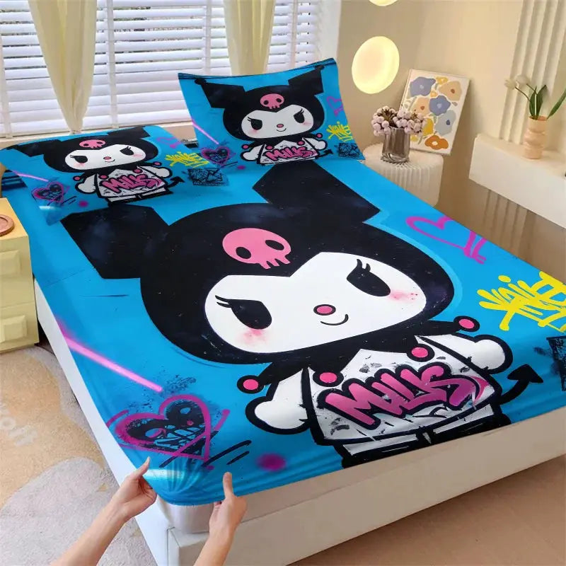 Kawaii Kuromi Cool Blue Fitted Sheet Sanrio Graffiti Print Bed Sheet Set with Pillowcases Anime Edgy Bedding Mattress Cover from PriceLows™