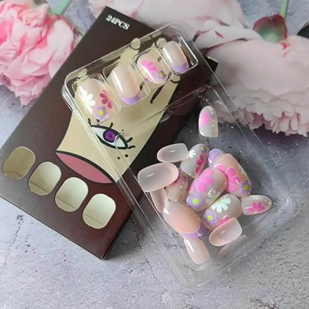 Short Almond Press On Nails | Pink Floral French | Reusable Full Cover | 24 Pcs