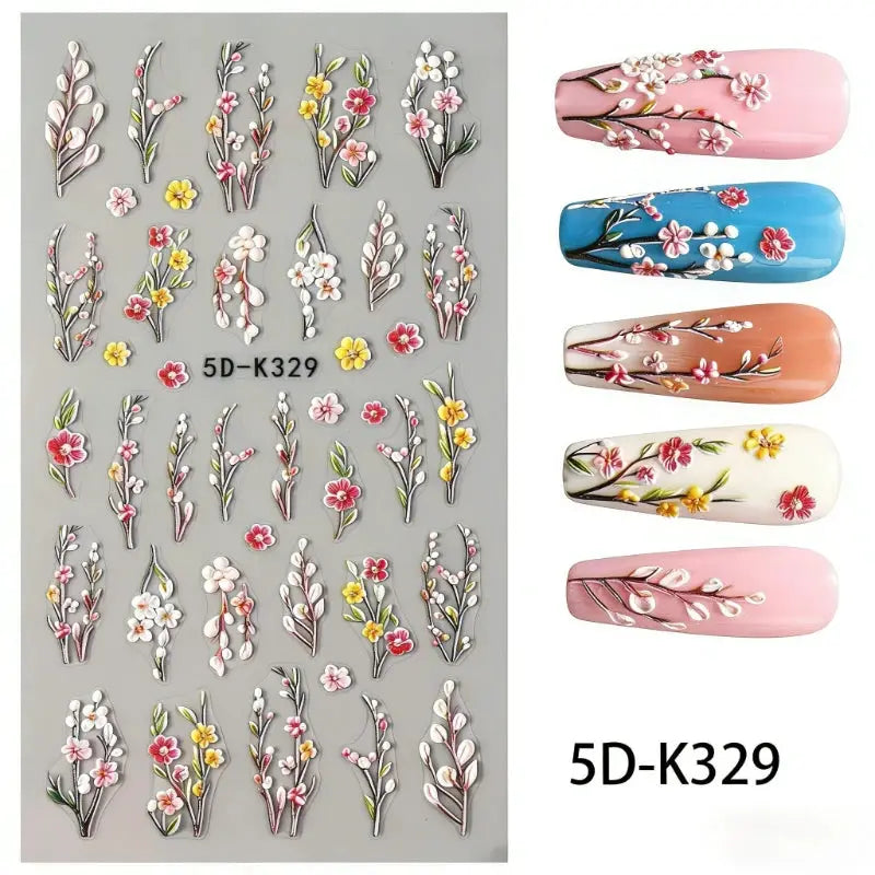 5D Embossed Green Vine Floral Nail Stickers - Matte Finish Self-Adhesive Nail Art Decals with Cartoon-Style Flowers from PriceLows™