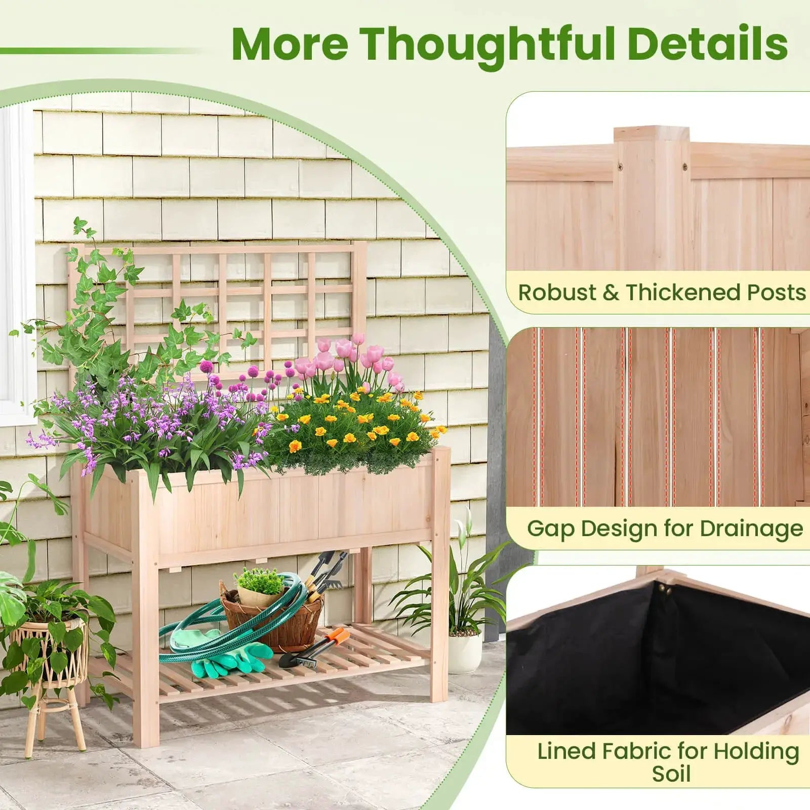 Raised Garden Bed Elevated Wooden Planter Box w/ Trellis & Open Storage Shelf from PriceLows™